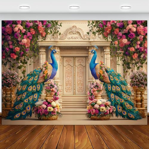 Image of Peacock Floral Palace Backdrop, India Wedding India Ceremony Party Decoration Bridal Shower Photography Decoration Wall Decor Fabric Photography Background 7X5FT