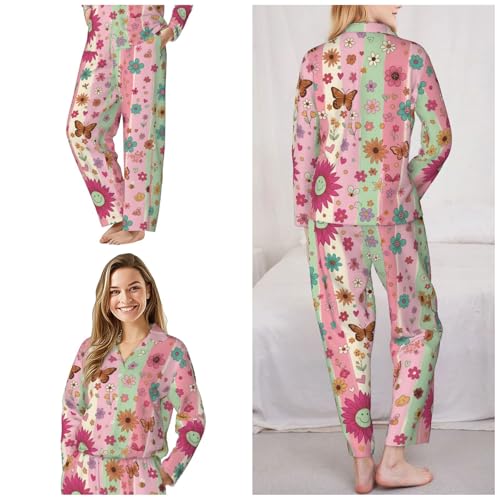 Image of Women'S Long Sleeve Pajama Set Soft Loungewear Button-Down Top & Elastic Waist Pants S- 2XL