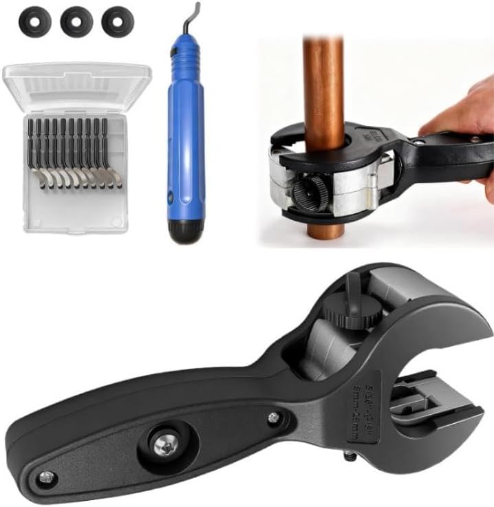 Pipe Cutter Ratchet Set, Copper Pipe Cutter 8-29 mm, with 3 Replacement Cutting Wheel and Deburring Tools, Pipe Cutting Machine for Stainless Steel Copper Pipe Plastic Aluminium, Black