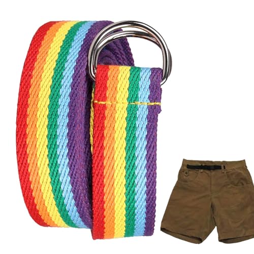 Canvas Rainbow Belt - Trendy D Ring Design Belt Men And Women, Vibrant Adjustable Canvas Belt | Fabric Belt With Doubles Buckles, Fashion Festivals Outdoor Adventures Comfortable Durables Unique Style