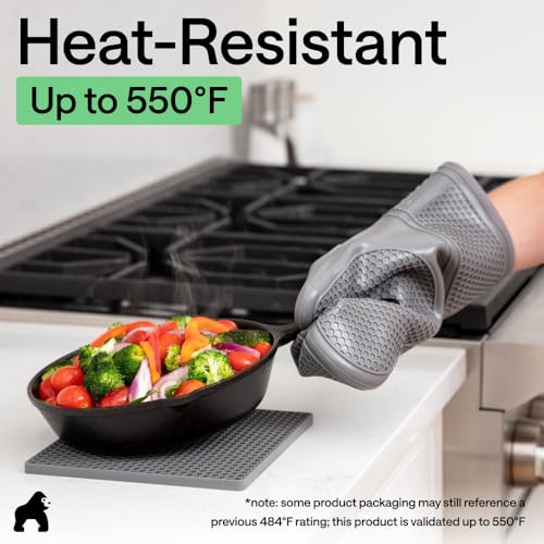 Image of GORILLA GRIP BPA-Free Soft Silicone Oven Mitts and Pot Holders Sets of 4, Heat Resistant Waterproof Cooking Gloves, Thick Cotton Lining, Flexible Gripping for Baking Grilling, Kitchen Trivets, Gray