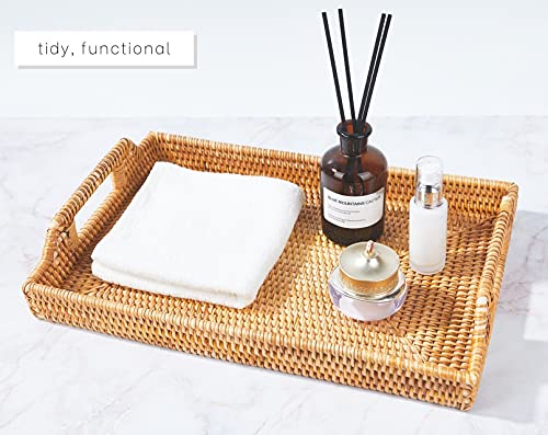 Large Rattan Tray With Rattan Coasters - Premium Flat Rectangular Serving Tray With Handles, Wicker Basket Tray 17''X11.4''X2'' Hand Woven Decorative Bed Tray For Coffee Table, Boho Tray By Lysco #TOP1