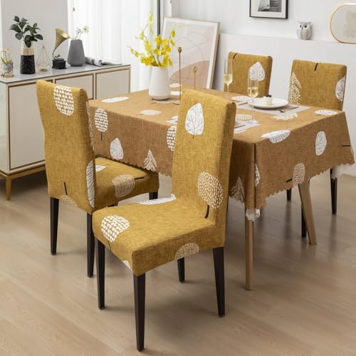 Image of Styleys Dining Chair Cover with Table Covers for Kitchen Waterproof Dining Table Cloth (1 Table Cover + 4 Chair Cover, Mustard Flower, CTSD3130)