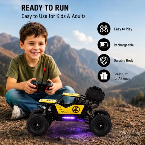 Image of Remote Control 4x4 Rock Crawler Car for Kids | 2.4GHz Remote Control Rechargeable Off Road RC Monster Truck with Mist Spray, LED Lights, All Terrain Tires | Gift for Boys & Girls