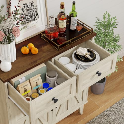 Farmhouse-Storage-Cabinet-with-Barn-Doors-and-Drawers-Freestanding-Kitchen-Pantry-Cabinet-Floor-Cabinet-Buffet-Sideboard-for-Bathroom-Entrance-Area-Living-Room-Walnut-White Farmhouse Storage Cabinet with Barn Doors and Drawers Freestanding Kitchen Pantry Cabinet Floor Cabinet Buffet Sideboard for Bathroom Entrance Area Living Room Walnut White