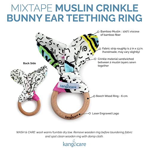 Image of Kanga Care Baby Soft Muslin Sensory Crinkle Bunny Ear Wood Teething Ring - Radical 80's