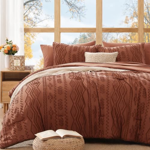 Image of Queen Size Comforter Set with Sheets - 7 Pieces Autumn Leaf Orange Tufted Bed in a Bag Queen Shabby Chic Bedding Sets with 1 Comforter, 2 Sheets, 2 Pillowcases & 2 Shams