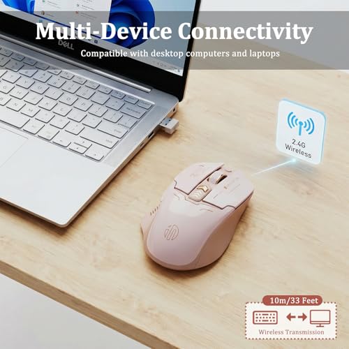 Image of Wireless Mouse, Rechargeable Silent Click Mouse with 4-Level DPI (800-2400), 500mAh Battery & LED Level Indicator, 2.4G Ergonomic Optical Mouse for Laptop, PC, Computer (Pink)