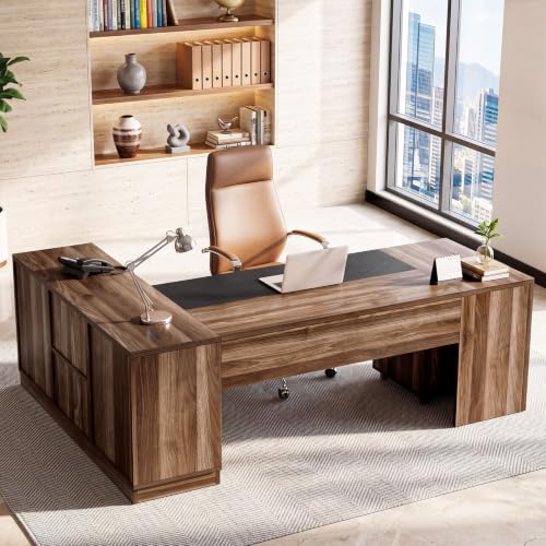 Image of Tribesigns 78.7-Inch L-Shaped Executive Desk with Mobile File Cabinet | Extra Large Office Desk with Under Desk Filing Cabinet, CPU stand, Open Shelves, and Storage Cabinet, Brown & Black