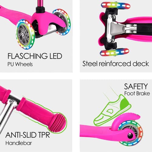 Image of 3 Wheel Scooters for Kids, Kick Scooter for Toddlers 2-6 Years Old, Boys and Girls Scooter with Light Up Wheels, Mini Scooter for Children (Pink)