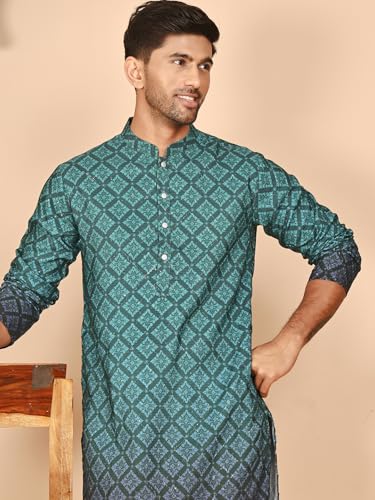 Image of Jompers Thread Work & Mequin Embellimhed Printed Kurta Met for Men (Teal Blue, M)
