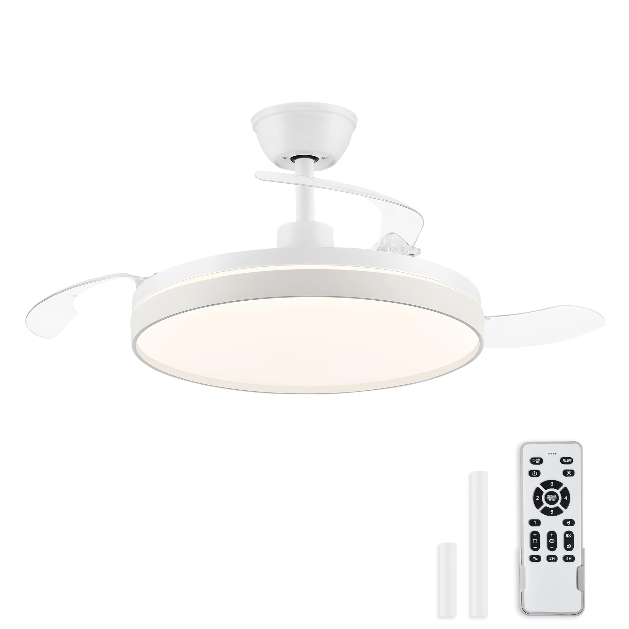 ZMISHIBO – Ventilateur de plafond avec lumière 106 cm, pales rétractables invisibles, CCT 3000K–6500K, fonction été & hiver, moteur DC 30 W + LED 38 W, 6 vitesses, silencieux, minuterie 2 h/4 h, blanc