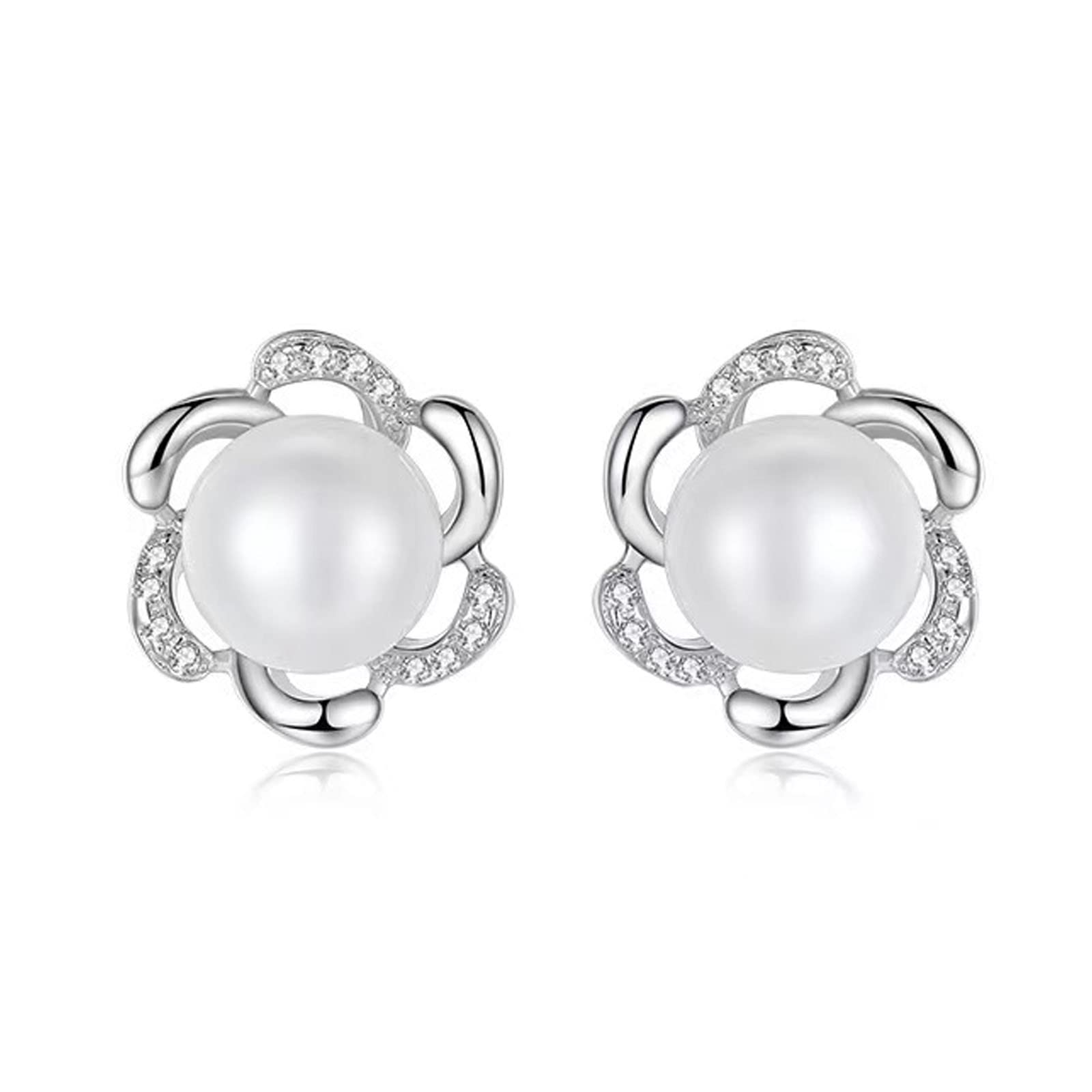 White Pearl Stud Earrings, Hypoallergenic 925 Sterling Silver Earrings Studs for Women Girl