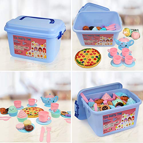 BGdoyz Kids Tea Set Princess Tea Time Toy, 74 Pieces Pretend Play Food Set Tea Party Playset Accessories, Including Plastic Teapots Teacups Cookies Cakes Donuts for Toddlers,Boys Girls