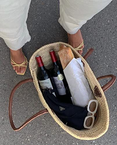 Bolsa de paja con asas de cuero estilo cesta miniatura 6