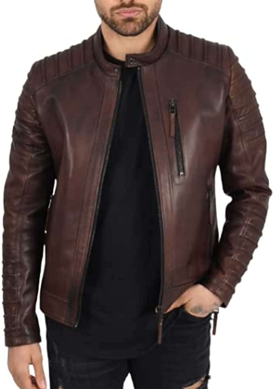 luis leather Crampy Brown Genuine Leather Solid Biker Jacket for Men's, lightweight Motorcycle jacket-picture-43