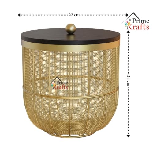 Image of Decorative Net (Jaali) Design Fruit and Vegetables Basket with Natural Wooden Lid | Premium Insect Resistant Storage Organizer for Home and Kitchen - Gold