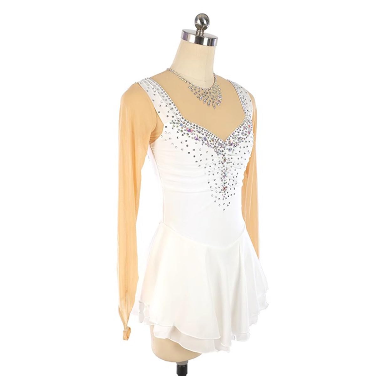 Maillot de Patinaje Artistico para Niña Manga Larga de Danza Ballet con Falda Tul Vestido con Pedrería Vestido de Danza Ballet Mujer Maillot de Gimnasia con Manga Larga,Blanca,M