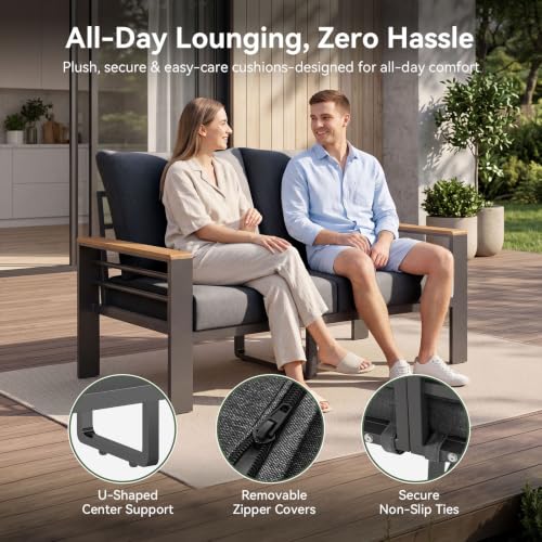 Image of Aoxun Patio Furniture Set, 4 Piece Aluminum Patio Sets with 5 inch Thicken & Washable Cushion, Waterproof Outdoor Furniture with Coffee Table, Outdoor Couch Sectional for Backyard, Porch and Garden