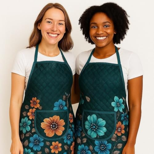 Image of Homerz Premium Velvet Apron for Kitchen with Center Pocket | Cooking Aprons for Women & Men - Ideal for Home & Restaurant | Flower Quilted Print (Blossom, Pack of 2)