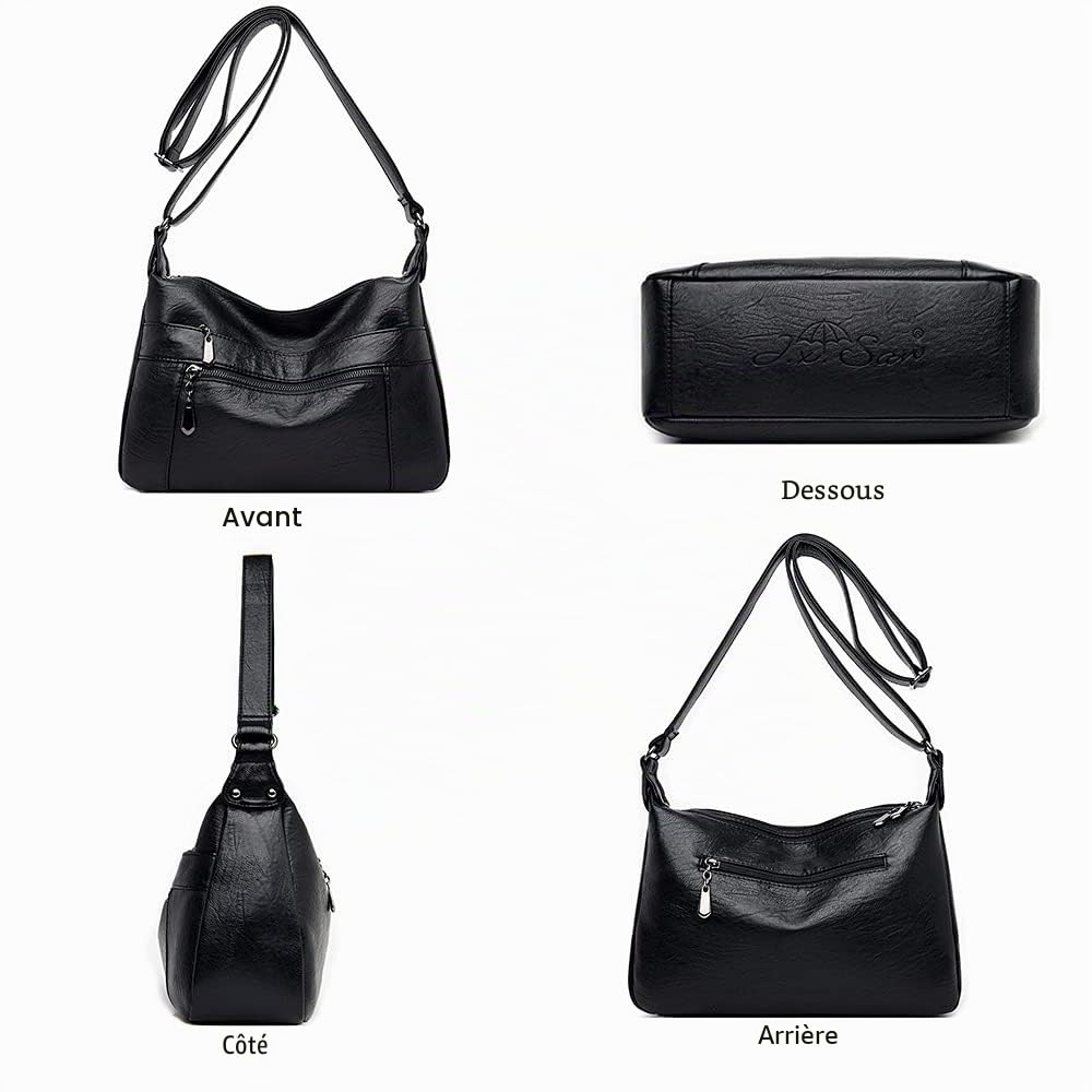 Sac à Bandoulière en Cuir pour Femmes Multi - Poches Sac à Main en Cuir Souple pour Femmes Léger, Bandoulière Réglable