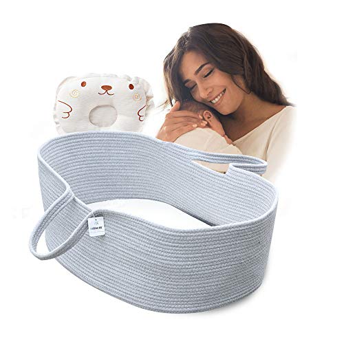 ICEBLUE HD Cotton Rope Infant Moses Basket Bassinet Cradle Baby Nest Bed with Foam Mattress