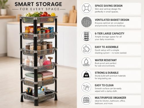 Image of KITCHIVO Multipurpose Storage Organizer Slim Rack Shelf with Wheels for Living Room, Office, Bedroom, Bathroom, Kids Room, Kitchen Trolley (Grey, 6 Layer)