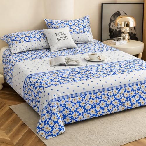 Image of Cotton Feel King Size Flat Bedsheet for Double Bed (90 x 100 Inches | 230 x 250 cm) with 2 Pillow Covers | Soft & Smooth Printed Bedsheet for Daily Use (White Lily, King Bed-90x100)