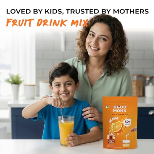 Image of Good Monk Fruit Drink Mix (Natural Orange Powder), 50% Less Sugar with 8 Vitamins & Minerals (Vitamin B12, C, D, Iron & more) | Tasty, Healthy & Tangy Drink Mix for Hydration, Energy, Immunity, 10 Serves