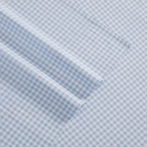 Image of Tommy Hilfiger - King Size Sheet Set, Crisp & Tailored Cooling Sheets with a Smooth Cotton Percale Lightweight Feel - Bed Sheets with Matching Pillowcases & Fitted Sheet (Gardena Check Blue)