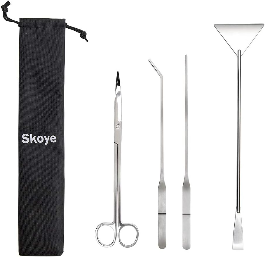 Skoye Aquarium Tweezers Scissor Spatula Tools 4 in 1 Long Stainless Steel Aquarium Tank Aquascaping Tools, Aquatic Plant Tweezers Scissors Spatula Landscaping Cleaning Tool Set & Fish Starter Kit