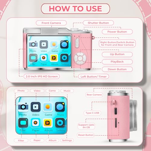 Image of Cason 48MP Digital Camera for Kids-Real Photo & Video Mini Camera for Photography 2.4 inch Rotating Screen, Built in Games Kids Cameras for 5-15 Years Girls & Boys(Supports Upto 64GB Memory)