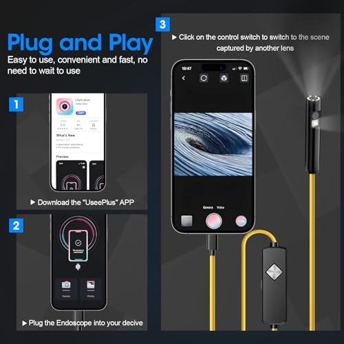Image of Endoscope with Light, 1920P HD Borescope with 8 Adjustable LED Lights, Semi-Rigid Snake Camera, IP67 Waterproof Inspection Tool for iPhone & Android - 16.4FT-Dual Lens (Yellow) Model A