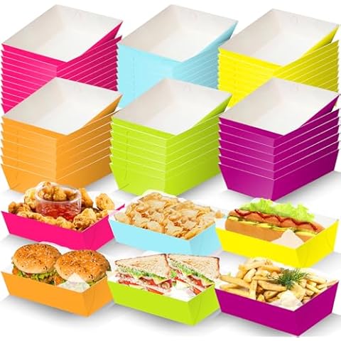 WorldBazaar Colorful Paper Food Trays 60 Pack Treat Snack Boats Disposable Serving Food Containers Kids School Activities Birthday Party Supplies Holiday Cover
