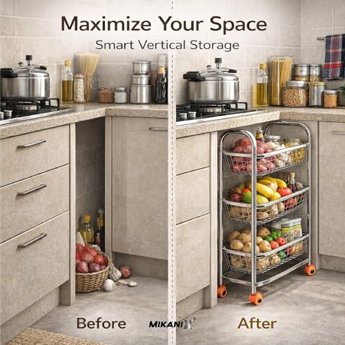 Image of MIKANIX Stainless Steel Vegetable & Fruit Storage Rack with Wheels, Kitchen Storage Basket Organizer, Rust Proof Stand for Onion, Potato, Fruits & Vegetables Trolley (3 Rack & 6 PARTITION)