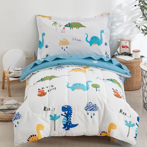 DJY Cotton Toddler Bedding Set, 4 Pieces Dinosaur Kids Bed Comforter Set