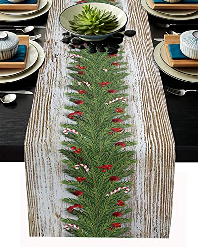 Christmas Garland Table Runner-Cotton Linen-Farmhouse Xmas Dinner Scarf Décor,Long 108 Inch Holiday Winter Dresser Scarves,Berry Pine Branch Rustic Kitchen Coffee/Dining Home Living Room Tablerunner