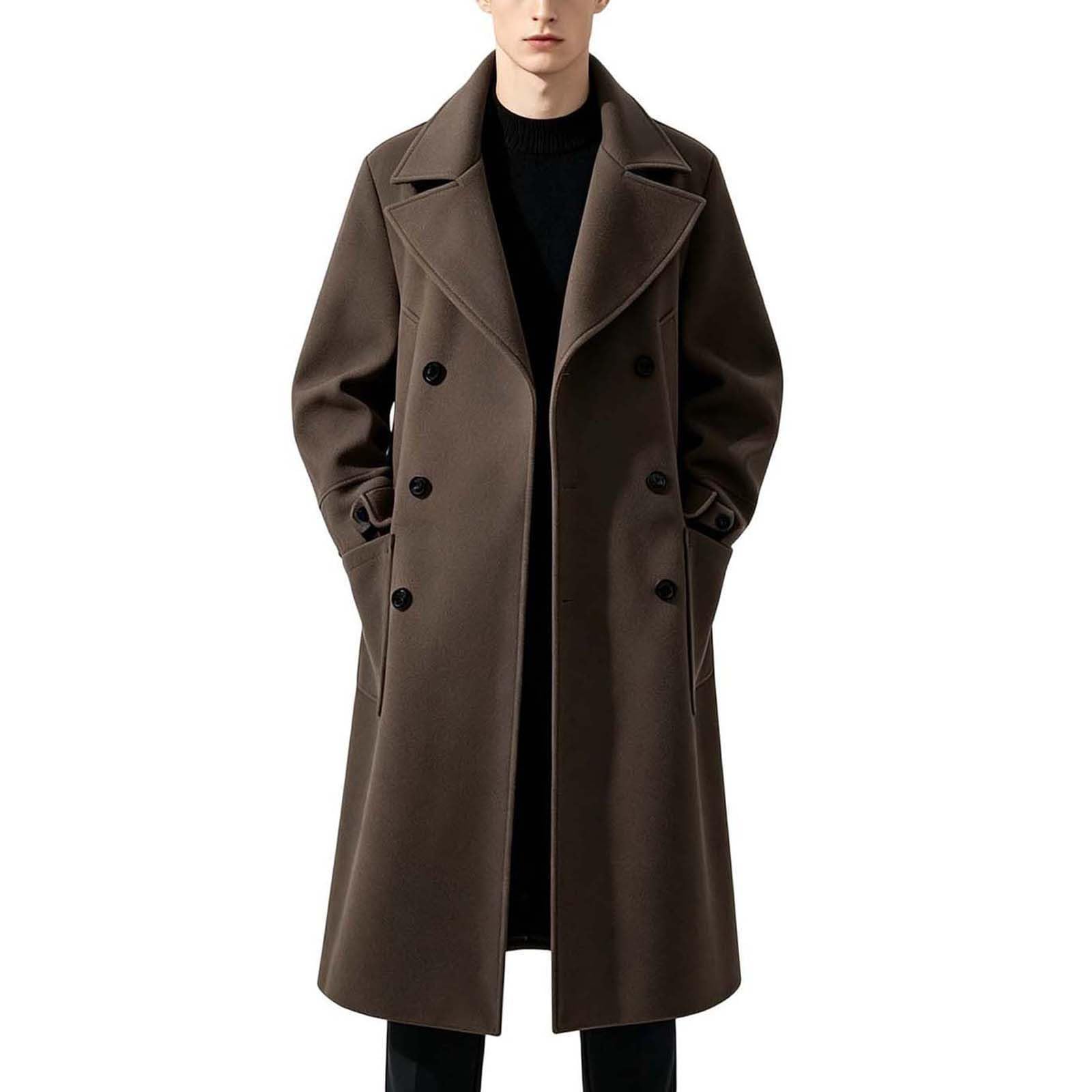 Trenchcoat Herren Lang Klassisch Wollmantel mit Taschen Elegant Wintermantel Zweireihig Revers Business Casual Trench Coat Mäntel Übergangsmantel Einfarbig Herbstmantel