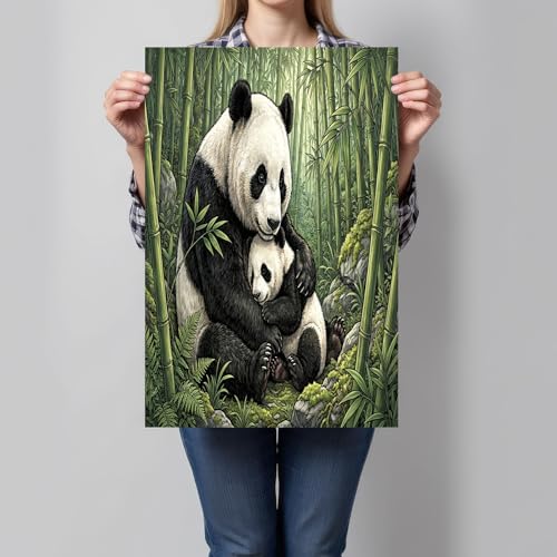 Affiche Mère Petit Panda et Fougères GDJSMIN Tableau Noir et Blanc 80x120 cm Salon