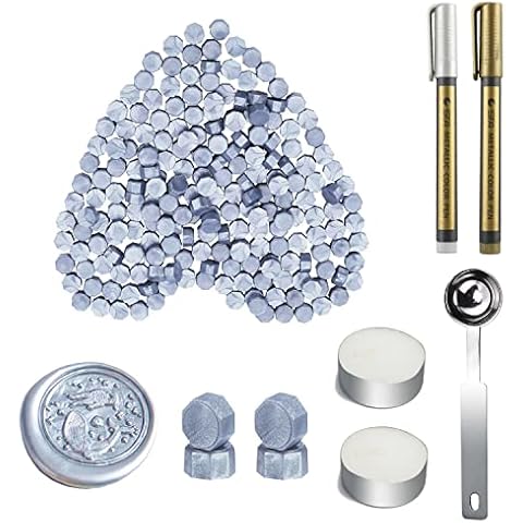 Wax Seal Beads, ANBOSE 300 Pieces Octagon Silver Sealing Wax Beads with 2 Pcs Metallic Wax Seal Pen, 2 Pcs Tea Candles and 1 Pcs Wax Melting Spoon for Wax Stamp Letter Sealing Cover