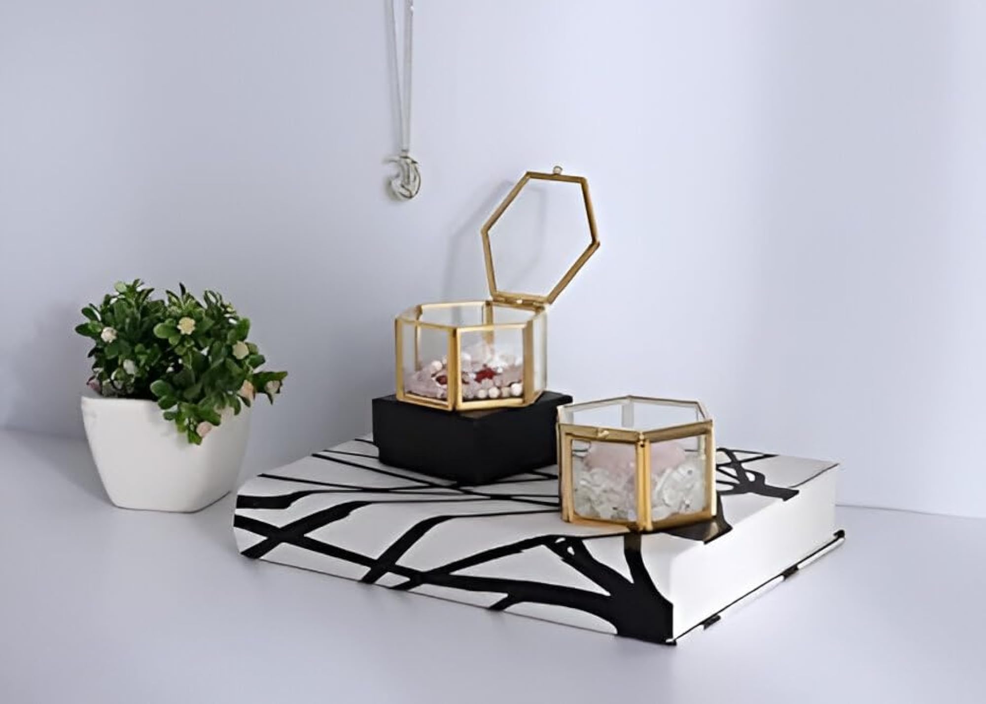 Hexagonal Glass Ring Box with Brass Gold Frame