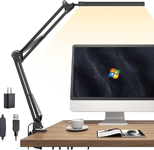 LED Desk Lamp with Clamp, Swing Arm Desk Lamp, Eye-Caring Dimmable Desk Light with 10 Brightness Level, 3 Lighting Modes, Adjustable Table Lamp for Study, Drawing, Office, Architect, Task, Workbench