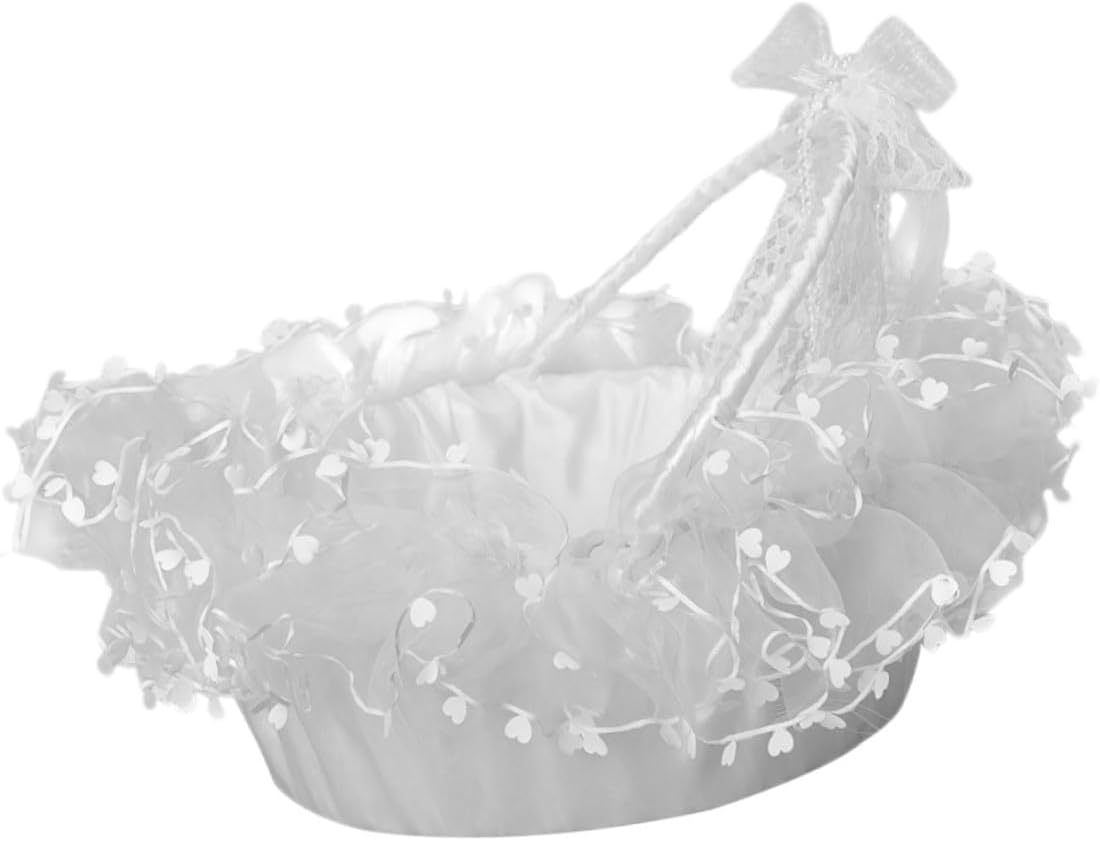 Lace Wedding Basket White Decorative Flower Basket with Portable Handle Petals and Candies Holder for Flower Girl Ceremony Supplies