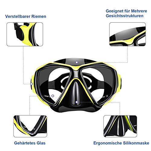 Foto von Dorlle Schnorchelset Schnorcheln Set mit Schnorchel und Taucherbrille，wasserdichte Tauchmaske Anti-Fog Anti-Leck aus Gehärtetem Glas，mit 3-Kanal Premium Dry Schnorchel für Erwachsene ，Schwarz/Gelb