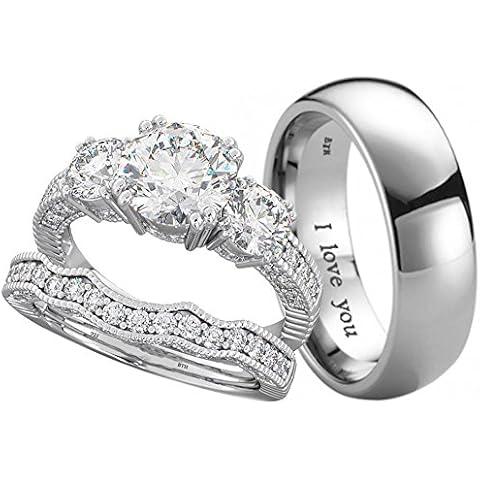 BestToHave His and Hers 3pcs Titanium /925 Sterling Silver Wedding Engagement Ring Band Set (Available Sizes H to Z+4) EMAIL/Message US with Your Sizes Cover
