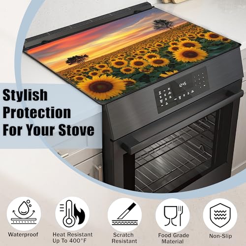 Image of Electric Stove Top Cover,Sunflower Field Stove Cover for Glass Top Electric Stove,Rustic Flowers Heat Resistant Flat Top Stove Mat Countertop Protector, 28 x 20 Inch