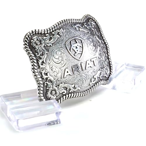 ARIAT Unisex Antique Silver Rectangle Logo Belt Buckle with Twisted Rope Edge - 3.75" x 2.75" - Thumbnail 6