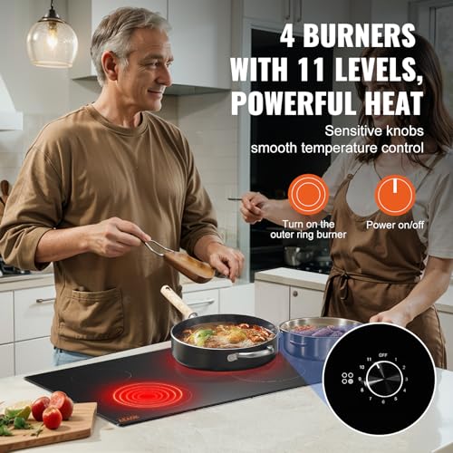 Image of VEVOR Electric Ceramic Cooktop, Built-in Electric Stove Top, with Glass Panel, Knob Control, 11 Heat Levels, for Diverse Cooking Requirements (30inch-4burners /220V)