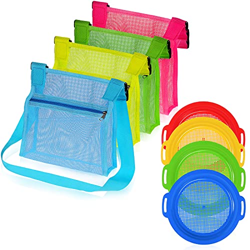 Frienda 8 Pieces Colorful Seashell Mesh Tote Shell Mesh Bags with Sand Sifter Sieves Toys Collection Bag Treasures Toy Storage Bag Swimming Accessories for Boys and Girls