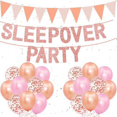 Sleepover Supplies - Juego de banderines de oro rosa, banderines, decoración de guirnaldas, confeti de 12 pulgadas y globos de látex para niñas, fiesta de pijamas de noche